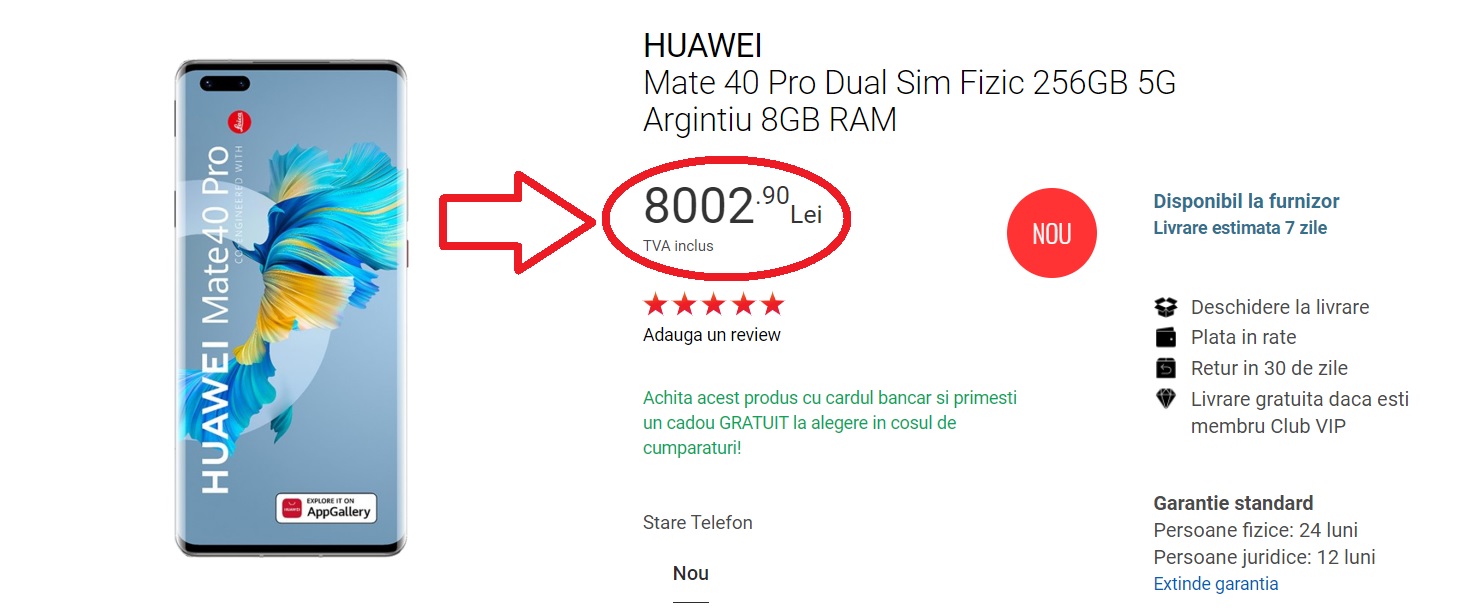 8000 lei, asta este pretul lui Huawei Mate 40 PRO la quickmobile