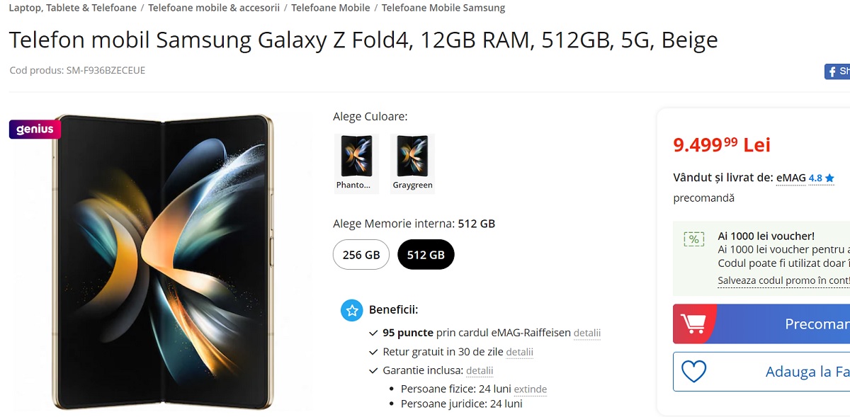 Samsung Galaxy Z Fold4 pret la eMag pentru varianta de top